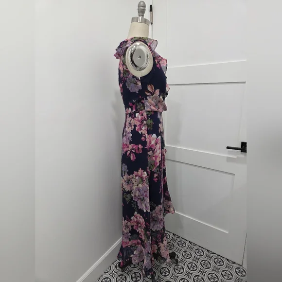London Times Women's Ruffled Chiffon Flowy Floral Faux Wrap Maxi Dress Size 6 - Picture 3 of 10